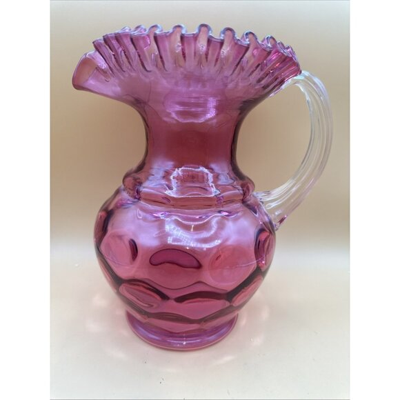 FENTON Cranberry Coin Dot Optic Art Glass Pitcher Ruffled Rim   Vintage 9in - Picture 1 of 7